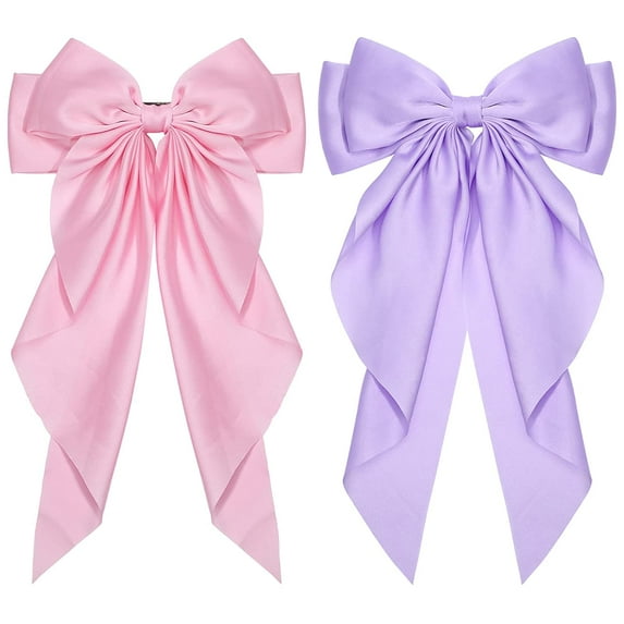2PCS Satin Hair Bows for Women Large Hair Barrettes Ribbon for Girls Giant Long Bow Hair Clips Ponytail Holder Silk Big Hair Clips Accessories for Women(Purple & Pink)