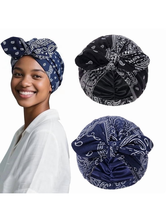 2PCS Satin Lined Beanies for Women Pre-Tied Bowknot Chemo Headwear Silky Lined Cotton Sleeping Cap