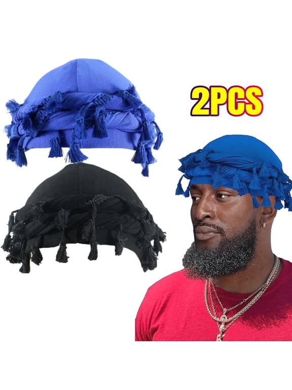 2PCS Satin Lined Turban for Men, Vintage Twist Head Wraps Durag, Pre-Tied Tassel Shemagh Halo Turban (BLACK, BLUE)