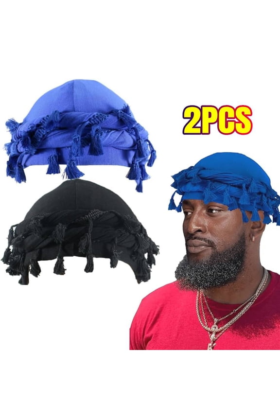 2PCS Satin Lined Turban for Men, Vintage Twist Head Wraps Durag, Pre-Tied Tassel Shemagh Halo Turban (BLACK, BLUE)