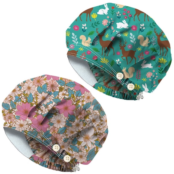 2PCS Scrub Caps with 4 Buttons Cotton Nurse Cap Surgical Hats with Sweatband Chef Bouffant Scrub Cap for Cooking