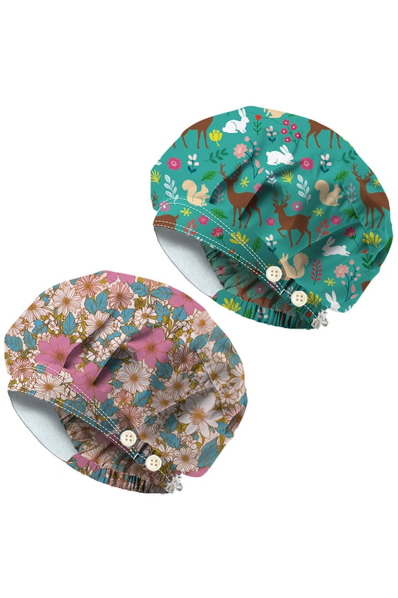 2PCS Scrub Caps with 4 Buttons Cotton Nurse Cap Surgical Hats with Sweatband Chef Bouffant Scrub Cap for Cooking