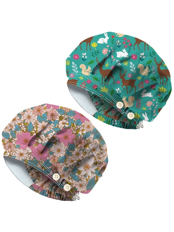 2PCS Scrub Caps with 4 Buttons Cotton Nurse Cap Surgical Hats with Sweatband Chef Bouffant Scrub Cap for Cooking