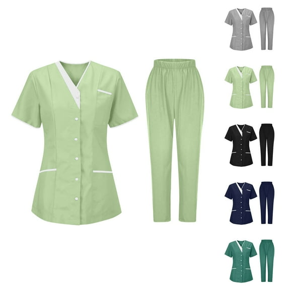 2PCS Scrub Sets for Woman Plus Size V-Neck Short Sleeve Long Pants Women's Nurses Sets Tunic Uniform Summer Short Sleeve Working Blouses with Pockets Yellow L