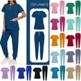 thumbnail image 1 of 2PCS Scrubs Sets for Women Solid Color Protective Work Clothes Short Sleeve V-Neck Side Slit Tops Long Pants Workwear, 1 of 10