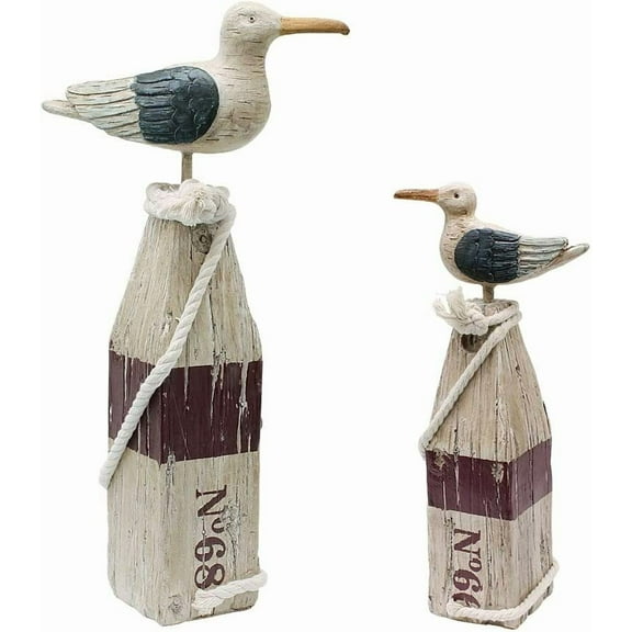 2PCS Seagull Statue Decor Nautical Theme Sea Bird Sitting on Pillar Hand Carved