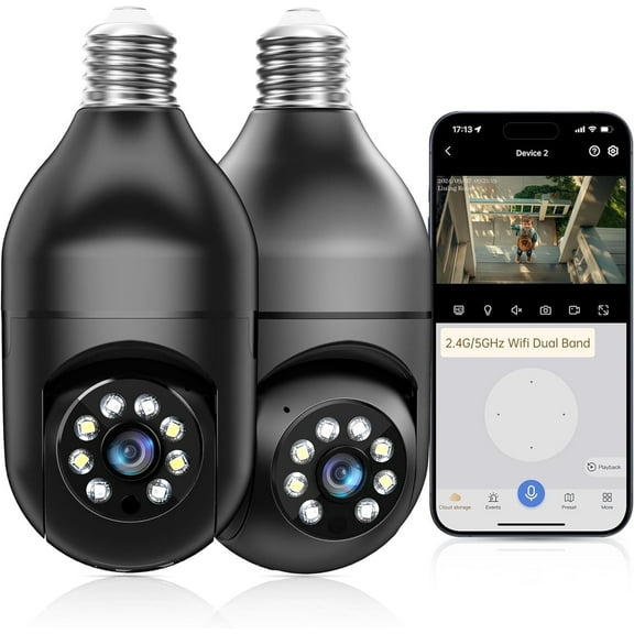 2PCS Light Bulb Security Camera -5G& 2.4GHz WiFi 2K Security Cameras, Wireless Outdoor Motion Detection and Alarm, Two-Way Talk, Color Night Vision, Human Detection