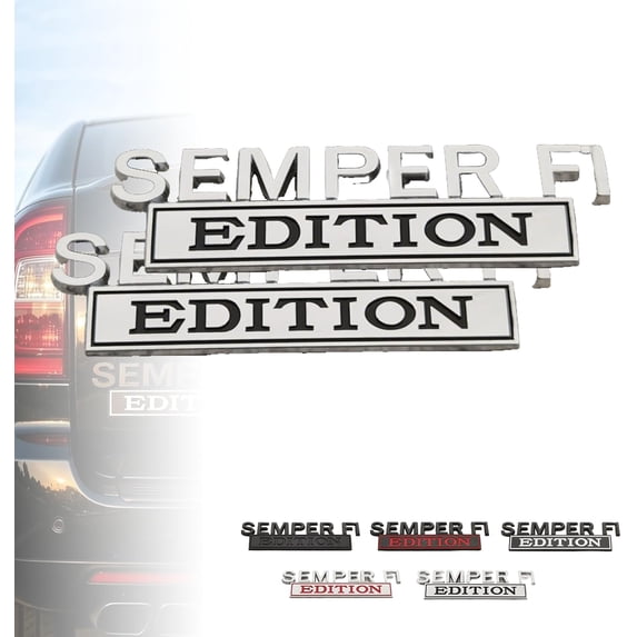 2PCS Semper FI Edition Car Emblem Metal Badge, Metal Side Emblem Badge Sticker Veteran Decal Replacement for Fender Tailgate Bumper Compatible with All Cars Truck SUV Auto Accessories (Silver&Black)