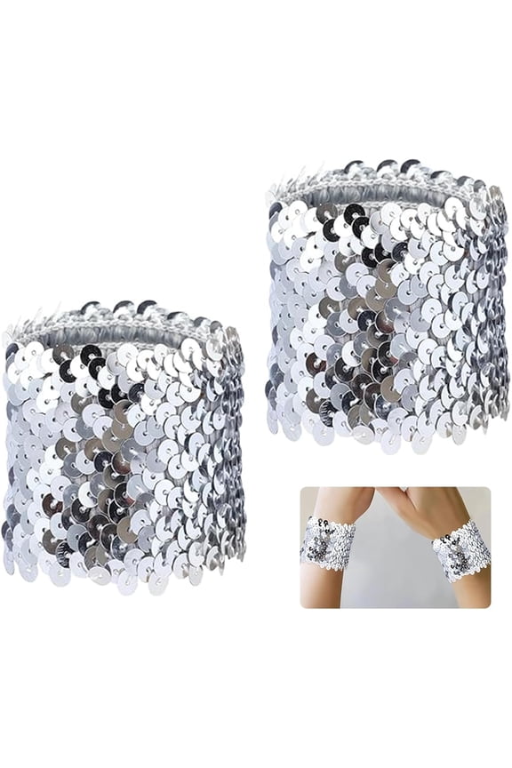 2PCS Sequin Wrist Cuffs,Sparkly Silver Glitter Wristbands for Women,Stretchy Elastic Shiny Dress Accessories