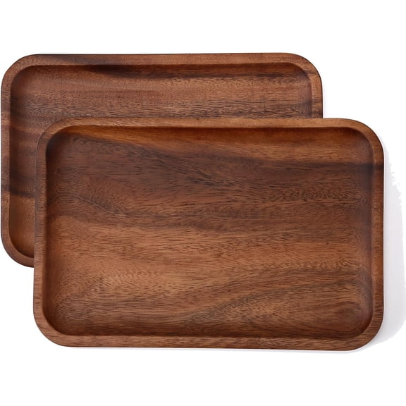 2PCS Serving Wood Valet Tray for Men Women, Catch All Acacia Mens Key Dump Bedside Nightstand Organizer EDC Decorative Wooden Phone Watch Wallet Keys