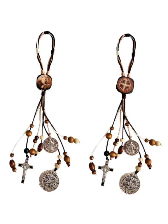 2PCS/Set Medalla De San Benito,Escapularios Wooden Beads Rosary St Benedict Medals for Door with Saint Benedict Cross Crucifix Catholic Gift Set for Car Hanging Charm Home Door Hanger Decor