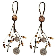 2PCS/Set Medalla De San Benito,Escapularios Wooden Beads Rosary St Benedict Medals for Door with Saint Benedict Cross Crucifix Catholic Gift Set for Car Hanging Charm Home Door Hanger Decor