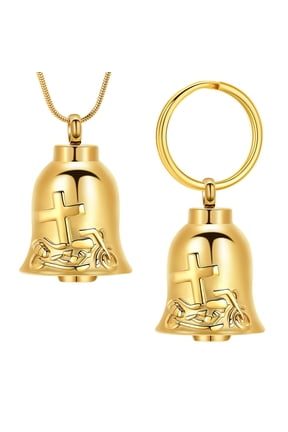 2PCS Set [ Necklace + Keychain ]Cross Motorcycle Soundable Bell Urn Pendant Cremation Jewelry for Ashes Holder Memory Necklace Memorial Jewelry Keyring Keychain