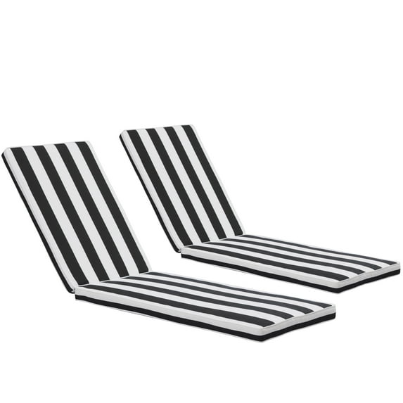 2PCS Set Outdoor Chaise Lounge Cushions, Patio Lounge Chair Cushions with Fixed Straps On Both Side, Replacement Patio Funiture Seat Cushion Outside Chair Cushions, Black White