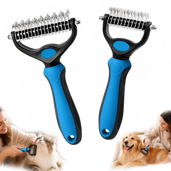 2PCS/Set Pet Grooming Tools, Dual-Sided Stainless Steel Deshedding Rake for Dogs & Cats, Effectively Removes Loose Undercoat & Tangles for Long and Short Hair Breeds