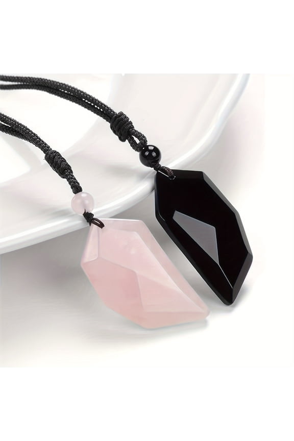 2PCS/Set Stones Matching Heart Couples Necklace Amethyst Rose Quartz Crystal Pendant Adjustable Rope Love Puzzle Lovers Set Necklace(Black&Pink)