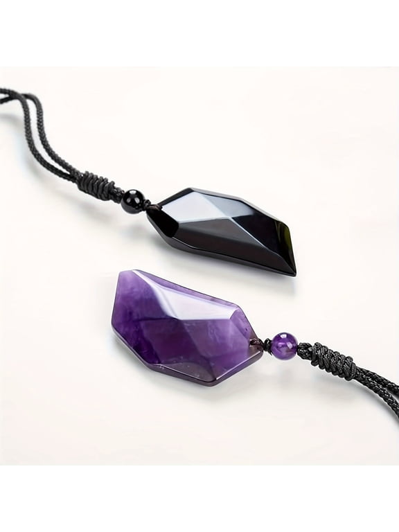 Natural Heart Couples Necklace, Amethyst Rose Quartz Crystal Pendant, Adjustable Rope, 2-Piece Set