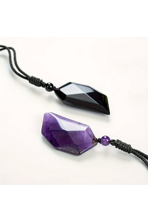 Natural Heart Couples Necklace, Amethyst Rose Quartz Crystal Pendant, Adjustable Rope, 2-Piece Set