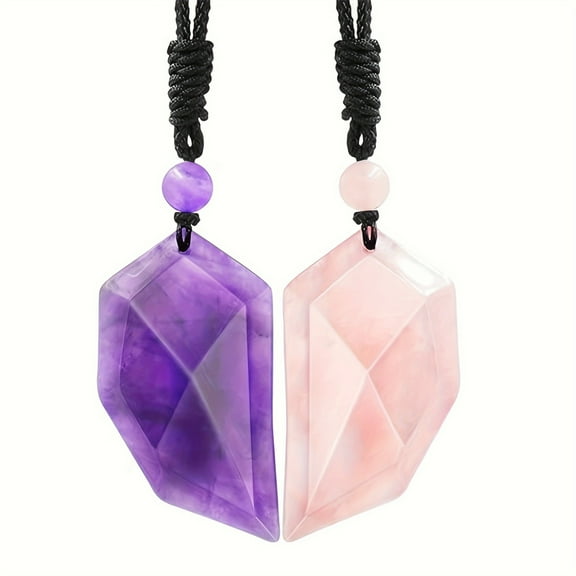 2PCS/Set Stones Matching Heart Couples Necklace Amethyst Rose Quartz Crystal Pendant Adjustable Rope Love Puzzle Lovers Set Necklace(Purple&Pink)