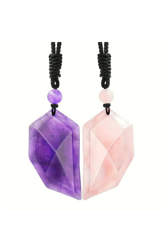 2PCS/Set Stones Matching Heart Couples Necklace Amethyst Rose Quartz Crystal Pendant Adjustable Rope Love Puzzle Lovers Set Necklace(Purple&Pink)