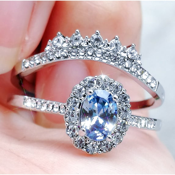 2PCS/Set Women Vintage Oval Cut Natural Aquamarine Ring Set Size 5-12