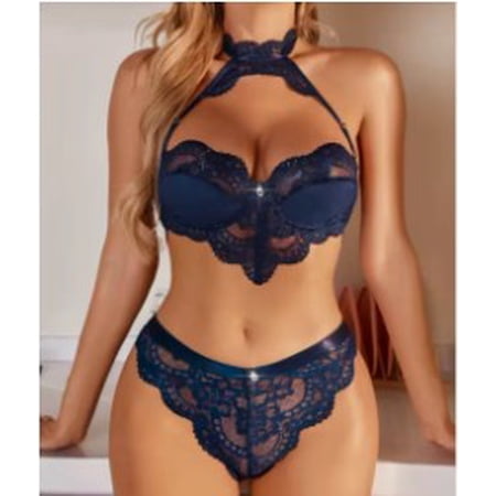 2PCS Sexy Luxury Lace Floral Halter and Panty Lingerie Set Size Smaill