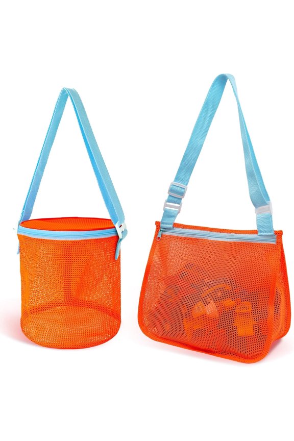 2PCS Shell Bags, Orange Mesh Toy Bag Shell Collecting Bag Totes with Zipper Sea Beach Toys Mesh Beach Bag Kids for Picking Up Shells Beach Sand Toy for Boys and Girls