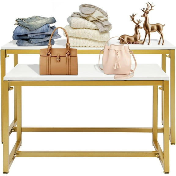2PCS Shoes Handbag Display Stand Gold Modern Nesting Tables Set Metal Display Riser Shelf for Home Clothing Shops Retail Stores Gold,Load 110lbs(39.37x15.75x22in;31.5x15.75x18.1in)