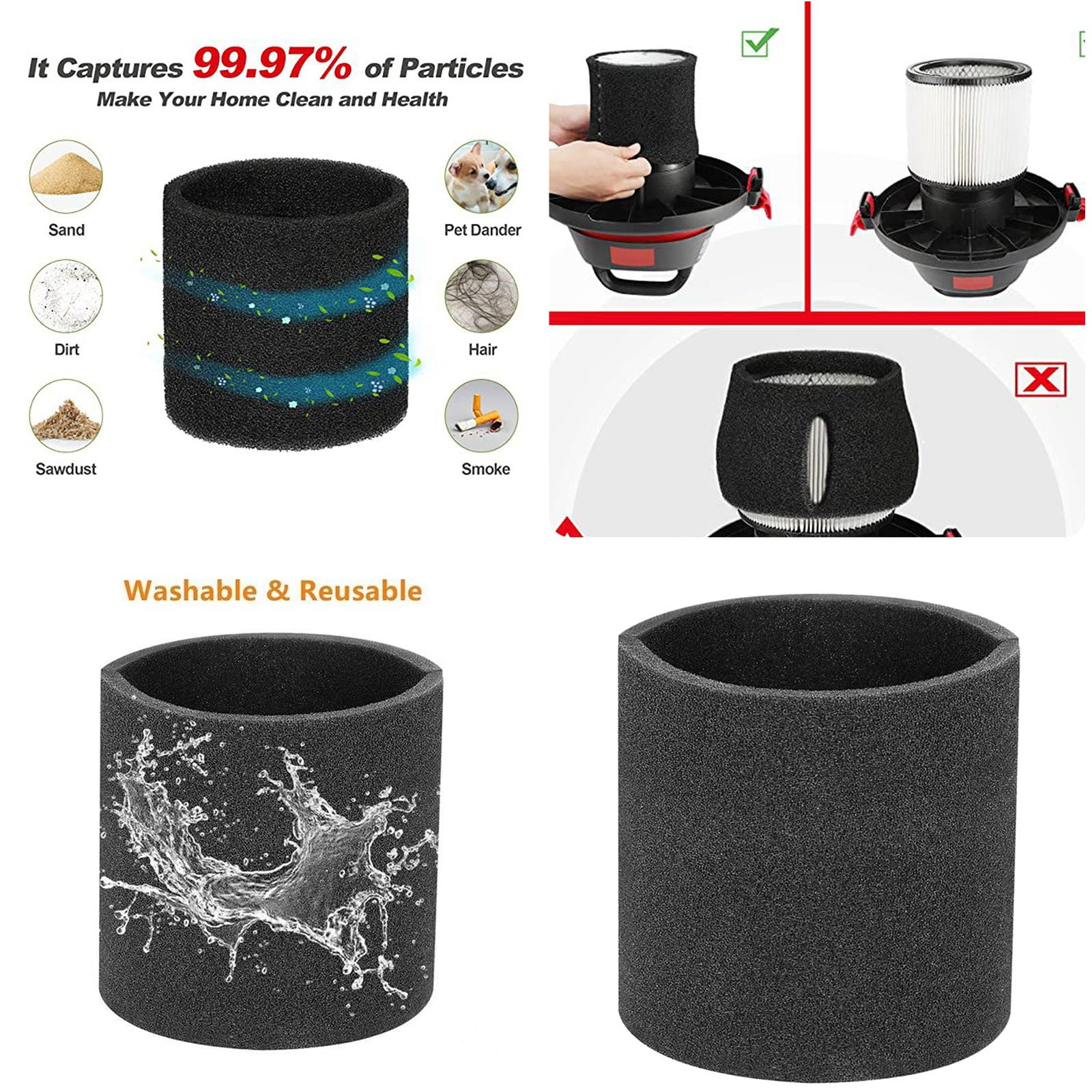 2PCS Shop Vac90585 Foam Sleeve Filter Shop Vac Washable Foam