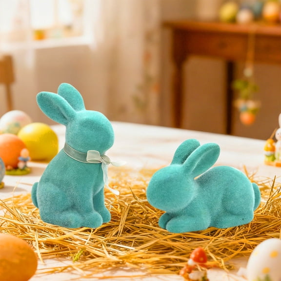 2PCS Short Flocked Bunny Easter Decorations with Bowtie,Resin Rabbit Figurines for Easter Centerpieces Spring Courtyard Lawn Garden,Tabletop Sculpture Party Decor Gifts