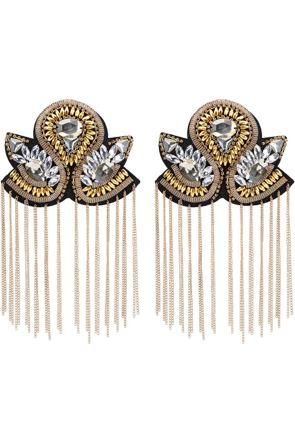 2PCS Shoulder Epaulet Beads Chain Iron Tassel Epaulettes Retro Rhinestone Shoulder Badges with Pin Golden