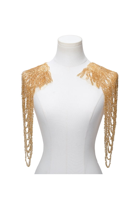 2PCS Shoulder Tassels Sequin Beaded Chain Applique Shiny Fringe Epaulette Gold Lace Decorative Stitch Sparkle Vintage Retro Golden Patches