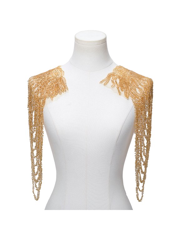 2PCS Shoulder Tassels Sequin Beaded Chain Applique Shiny Fringe Epaulette Gold Lace Decorative Stitch Sparkle Vintage Retro Golden Patches