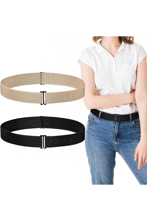 2PCS No Show Stretch Belt, Adjustable Women Elastic Stretch Belts Non Slip Invisible Strap Belt with Flat Buckle for Women and Men Jeans Pants Dresses(Black khaki)