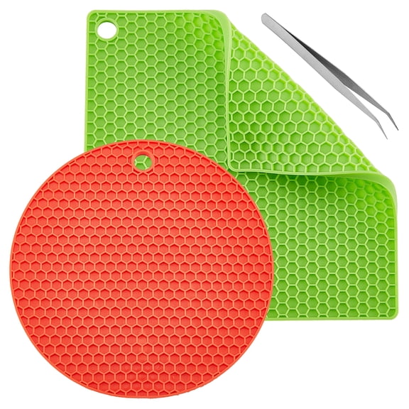 2PCS Silicone Doming Trivet Mats Round Square Heat Resistant Resin Rubber Honeycomb Red Green Pads Trays and 2PCS Stainless Iron TweezerDIY