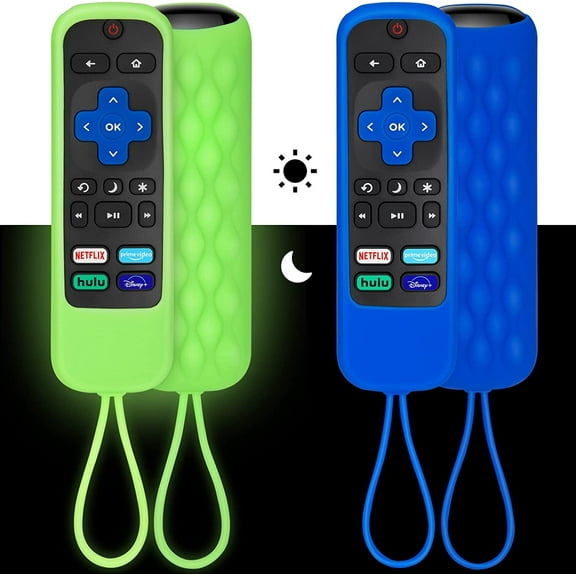 2PCS Silicone Protective Case Compatible with Roku TV Remote,TCL Roku,Hisense Roku Remotes,Remote Cover Also for Roku Express+ and Roku Streaming Stick Remotes(Luminous Green + Blue)