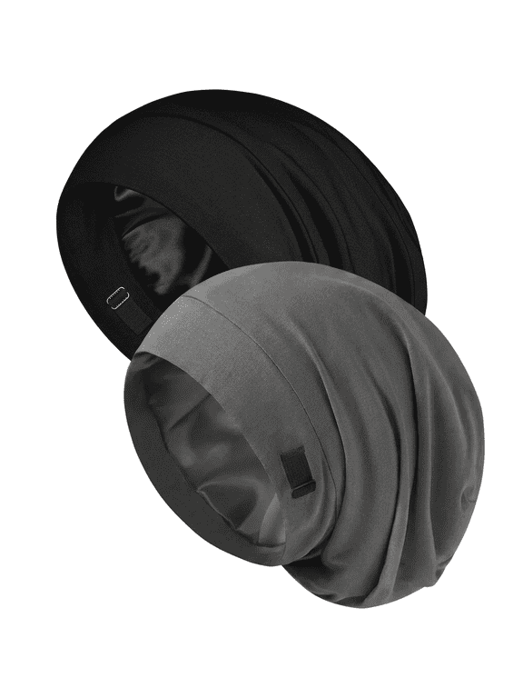 2PCS Silk Lined Sleep Bonnet Adjustable Slouchy Beanie Caps for Sleeping Women, Black Grey Curly Hair Wrap Night Hat Set
