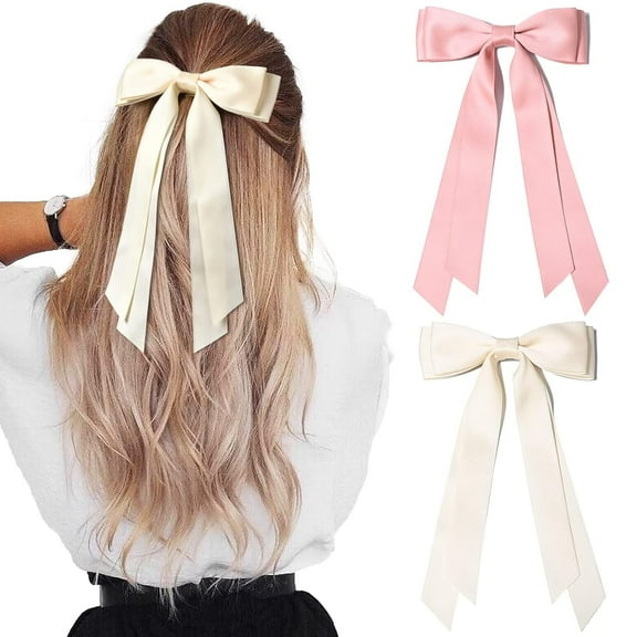 2PCS Silky Satin Hair Bows Hair Clip Blue Hair Ribbon Ponytail Holder Accessories Slides Metal Clips Hair Bow for Women Girls Toddlers Teens Kids Beige & Pink