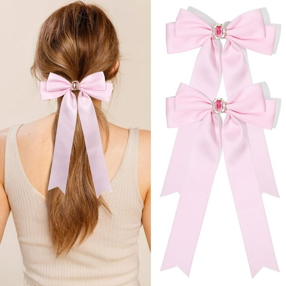 2PCS Silky Satin Hair Bows Hair Clip Blue Hair Ribbon Ponytail Holder Accessories Slides Metal Clips Hair Bow for Women Girls Toddlers Teens Kids Pink & Pink -Crysta