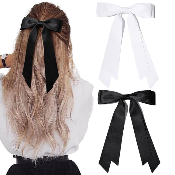 2PCS Silky Satin Hair Bows Hair Clip Blue Hair Ribbon Ponytail Holder Accessories Slides Metal Clips Hair Bow for Women Girls Toddlers Teens Kids Black & White -Crysta