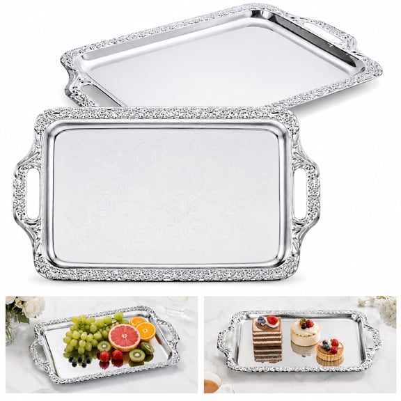 2PCS Silver Serving Tray with Handles, Elegant Silver Platter 15.7" x 9.0", Stainless Steel Rectangular Food Server with Carved Pattern for Party Home, Hotel, Appetizers, Fruit, Jewelry Storage
