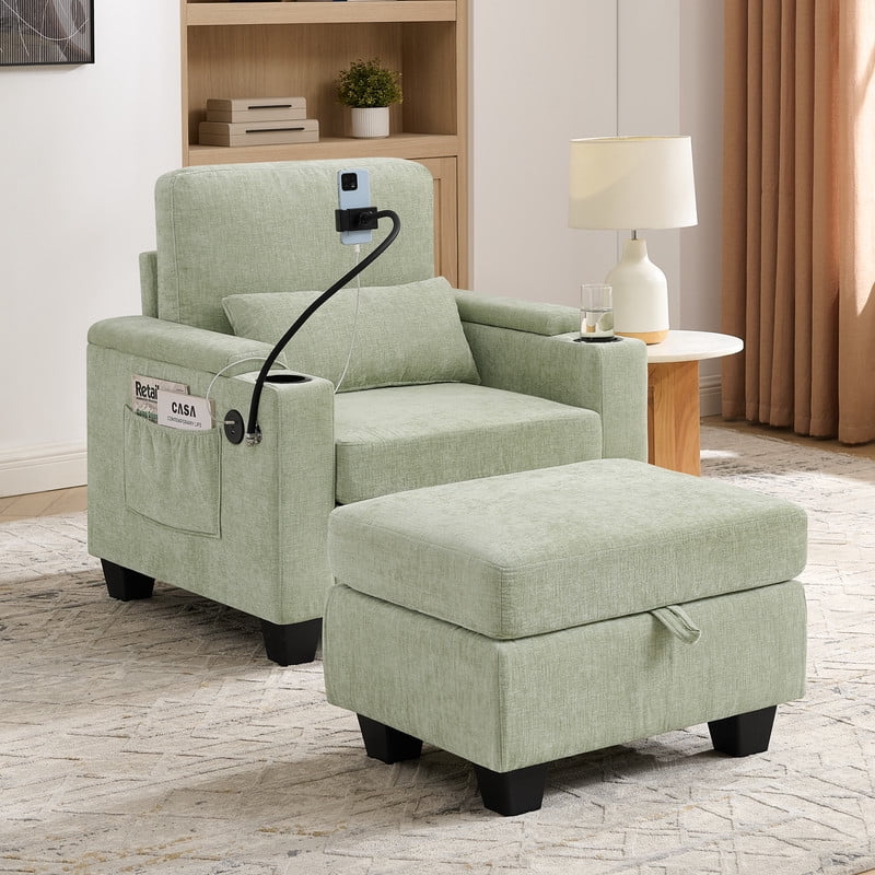 2PCS Single Sofa w/ Storage Ottoman Set, Chaise Lounge w/ Adjustable Backrest, Armchair Sleeper w/ Cup Holder & Phone Holder