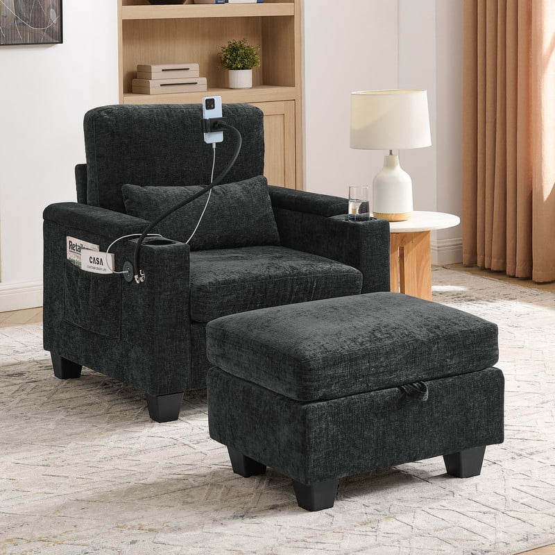 2PCS Single Sofa w/ Storage Ottoman Set, Chaise Lounge w/ Adjustable Backrest, Armchair Sleeper w/ Cup Holder & Phone Holder