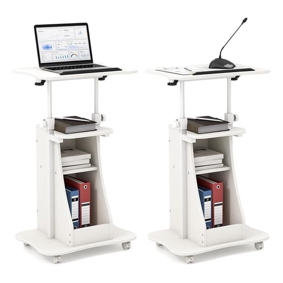 2PCS Sit to Stand Mobile Lectern Teacher Podium Portable Height Adjustable Podium Stand Rolling Laptop Desk Cart with Storage Shelf Swivel Top for Classroom, Concert, Church White
