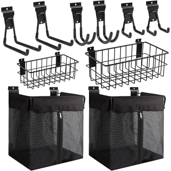 2PCS Slatwall Basket, 2PCS 16x15x11 Inch Mesh Slat Wall Basket with Zipper, 6 PCS Heavy Duty Hook Slatwall Accessories, Easy to Install Garage Shop Gym Toy Display Storage.