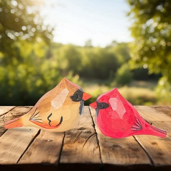 2PCS Small Carved Wooden Northern Cardinal Figurines, Handmade Cardinal Birds Sculpture Craft Set, Cute Cardinal Statues Home Decor Art Carving Work