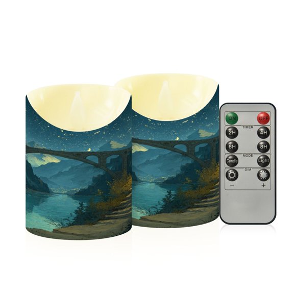 2PCS Small Flameless Candles Lamp Flameless Candles Slanted Candle Lamp Home Decoration Festive Decoration Old Man Bridge River Scene