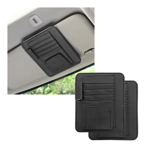 2PCS Small Leather Car Sun Visor Organizer, Multifunctional Auto Visor Document Holder with Sunglasses Clip, Universal Car Interior Organizer for Drving License, Card, Pen (Black)