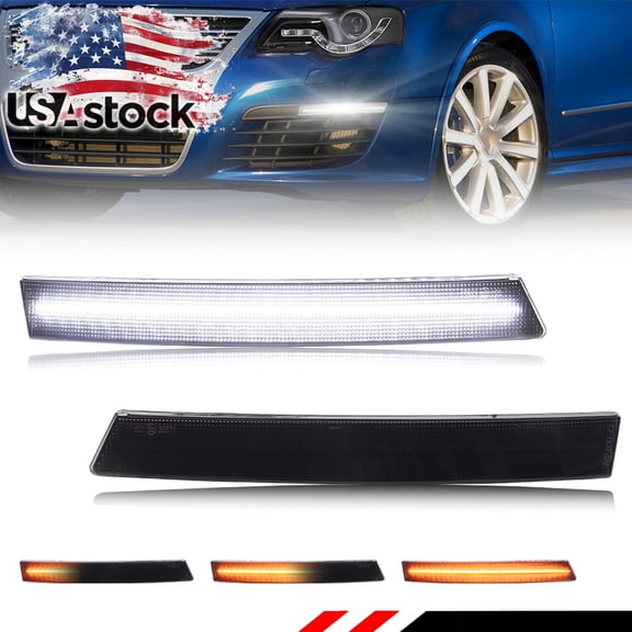 2PCS Smoked Lens Front Bumper Parking Light Side Marker Light Turn Signal Light Turn Warning Light with Dynamic Amber & White LED For 2006 2007 2008 2009 2010 Volkswagen Passat