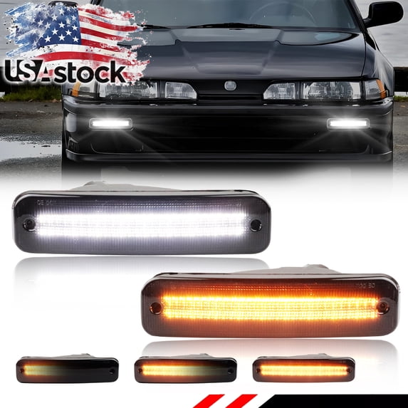 2PCS Smoked Lens Front Bumper Parking Light Turn Signal Light Turn Warning Light DRL Light Daytime Running Light With Amber/White LED For 1990 1991 Acura Integra